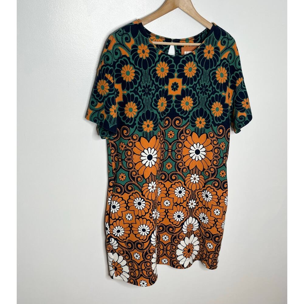 Anthropologie Teal and Rust Floral Shift Dress - Picture 4 of 14